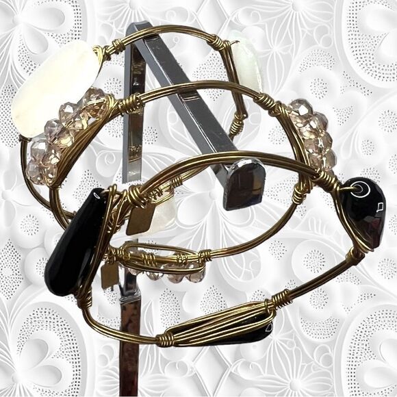 3 brass, polished stone and crystal bracelets by Three 16 - Picture 1 of 8